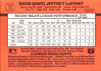 1990 Donruss #72 Dave LaPoint Back