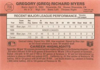 1990 Donruss #706 Greg Myers Back