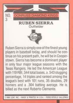 1990 Donruss #3 Ruben Sierra Back