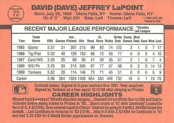 1990 Donruss #72 Dave LaPoint Back