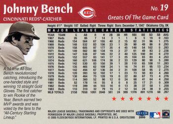 2000 Fleer Greats of the Game #19 Johnny Bench Back