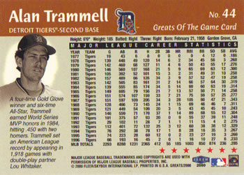 2000 Fleer Greats of the Game #44 Alan Trammell Back