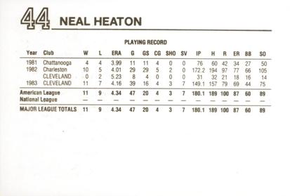 1984 Wheaties Cleveland Indians #NNO Neal Heaton Back