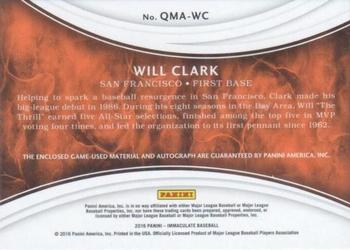 2016 Panini Immaculate Collection - Immaculate Quad Material Autographs #QMA-WC Will Clark Back