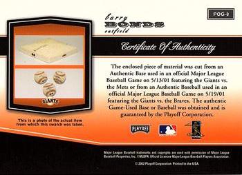 2002 Playoff Piece of the Game - Materials #POG-8 Barry Bonds Back