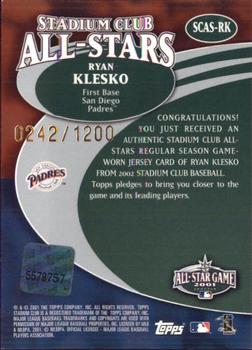 2002 Stadium Club - All-Star Relics #SCAS-RK Ryan Klesko Back