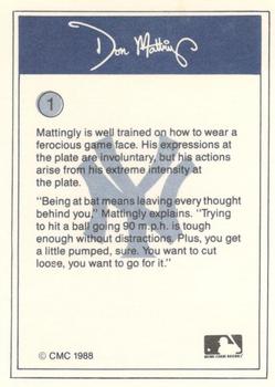 1988 CMC Don Mattingly Baseball Card Kit #1 Don Mattingly Back