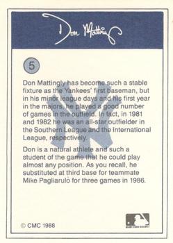 1988 CMC Don Mattingly Baseball Card Kit #5 Don Mattingly Back