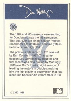 1988 CMC Don Mattingly Baseball Card Kit #10 Don Mattingly Back