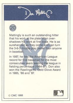 1988 CMC Don Mattingly Baseball Card Kit #20 Don Mattingly Back