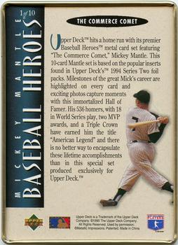 1995 Upper Deck Baseball Heroes Mickey Mantle 10-Card Tin #1 Mickey Mantle Back