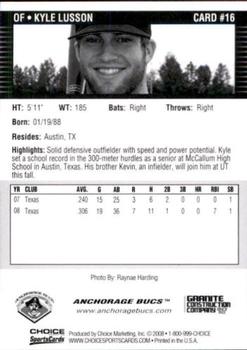 2008 Choice Anchorage Bucs #16 Kyle Lusson Back
