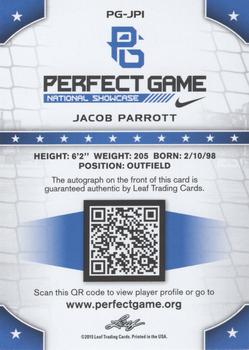 2015 Leaf Perfect Game National Showcase - Base Autograph - Blue #PG-JP1 Jacob Parrott Back