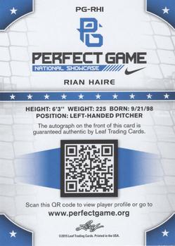 2015 Leaf Perfect Game National Showcase - Base Autograph - Blue #PG-RH1 Rian Haire Back