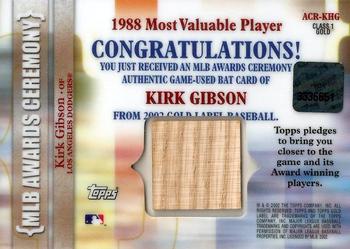 2002 Topps Gold Label - MLB Awards Ceremony Relics Class 1 Gold #ACR-KHG Kirk Gibson Back