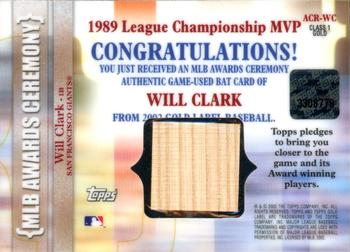 2002 Topps Gold Label - MLB Awards Ceremony Relics Class 1 Gold #ACR-WC Will Clark Back