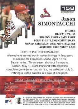 2002 Topps Pristine - Refractors #158 Jason Simontacchi Back