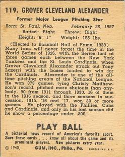1940 Play Ball #119 Ol Pete Alexander Back