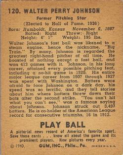 1940 Play Ball #120 Walter Johnson Back