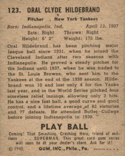 1940 Play Ball #123 Oral Hildebrand Back