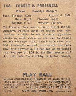 1940 Play Ball #146 Tot Pressnell Back