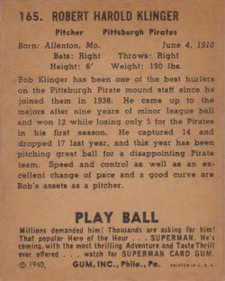 1940 Play Ball #165 Bob Klinger Back
