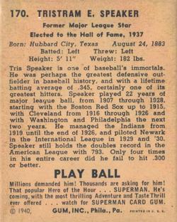 1940 Play Ball #170 Tris Speaker Back
