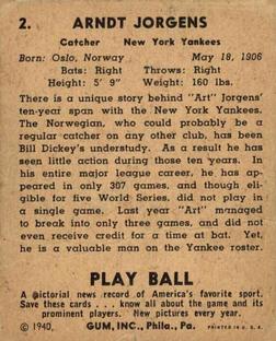 1940 Play Ball #2 Art Jorgens Back