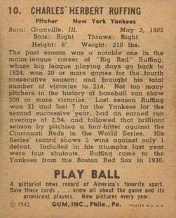 1940 Play Ball #10 Red Ruffing Back