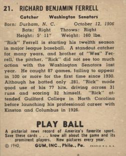 1940 Play Ball #21 Rick Ferrell Back