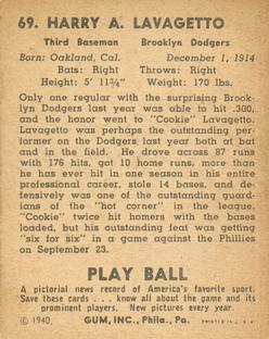 1940 Play Ball #69 Cookie Lavagetto Back