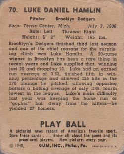 1940 Play Ball #70 Luke Hamlin Back