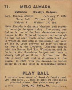 1940 Play Ball #71 Mel Almada Back