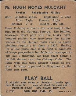 1940 Play Ball #95 Hugh Mulcahy Back