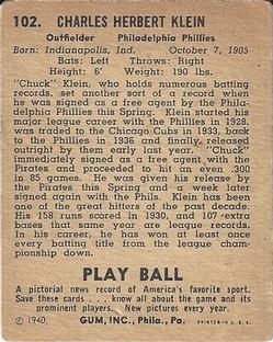1940 Play Ball #102 Chuck Klein Back