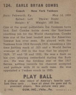 1940 Play Ball #124 Earle Combs Back