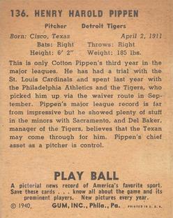 1940 Play Ball #136 Cotton Pippen Back