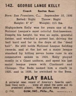 1940 Play Ball #142 George Kelly Back