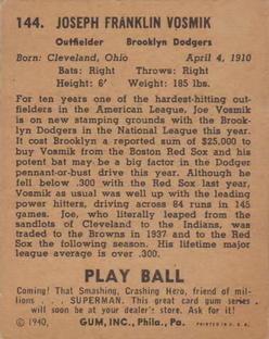 1940 Play Ball #144 Joe Vosmik Back