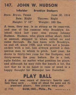 1940 Play Ball #147 Johnny Hudson Back