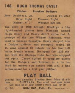 1940 Play Ball #148 Hugh Casey Back