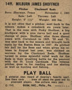 1940 Play Ball #149 Milburn Shoffner Back