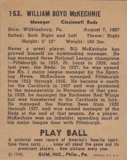 1940 Play Ball #153 Bill McKechnie Back