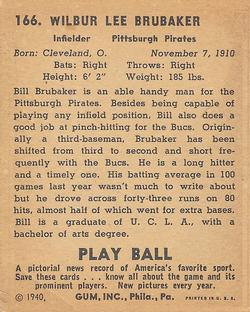 1940 Play Ball #166 Bill Brubaker Back