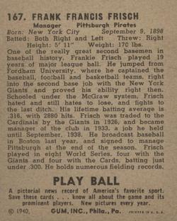 1940 Play Ball #167 Frankie Frisch Back