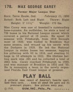 1940 Play Ball #178 Max Carey Back