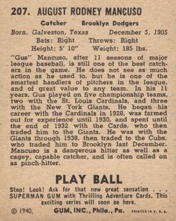 1940 Play Ball #207 Gus Mancuso Back