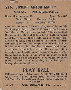 1940 Play Ball #216 Joe Marty Back