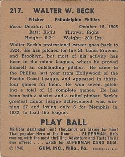 1940 Play Ball #217 Walter Beck Back