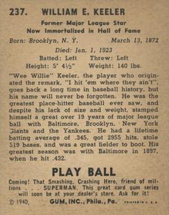 1940 Play Ball #237 Willie Keeler Back